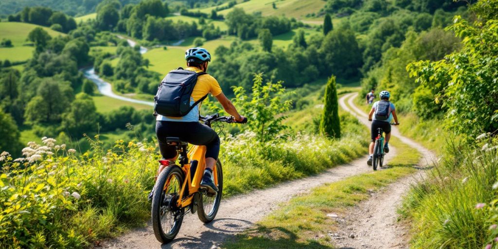 E-Bike Fahrer in schöner Landschaft.