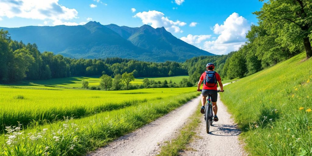 Fahrradfahrer auf malerischer Strecke durch grüne Landschaft.